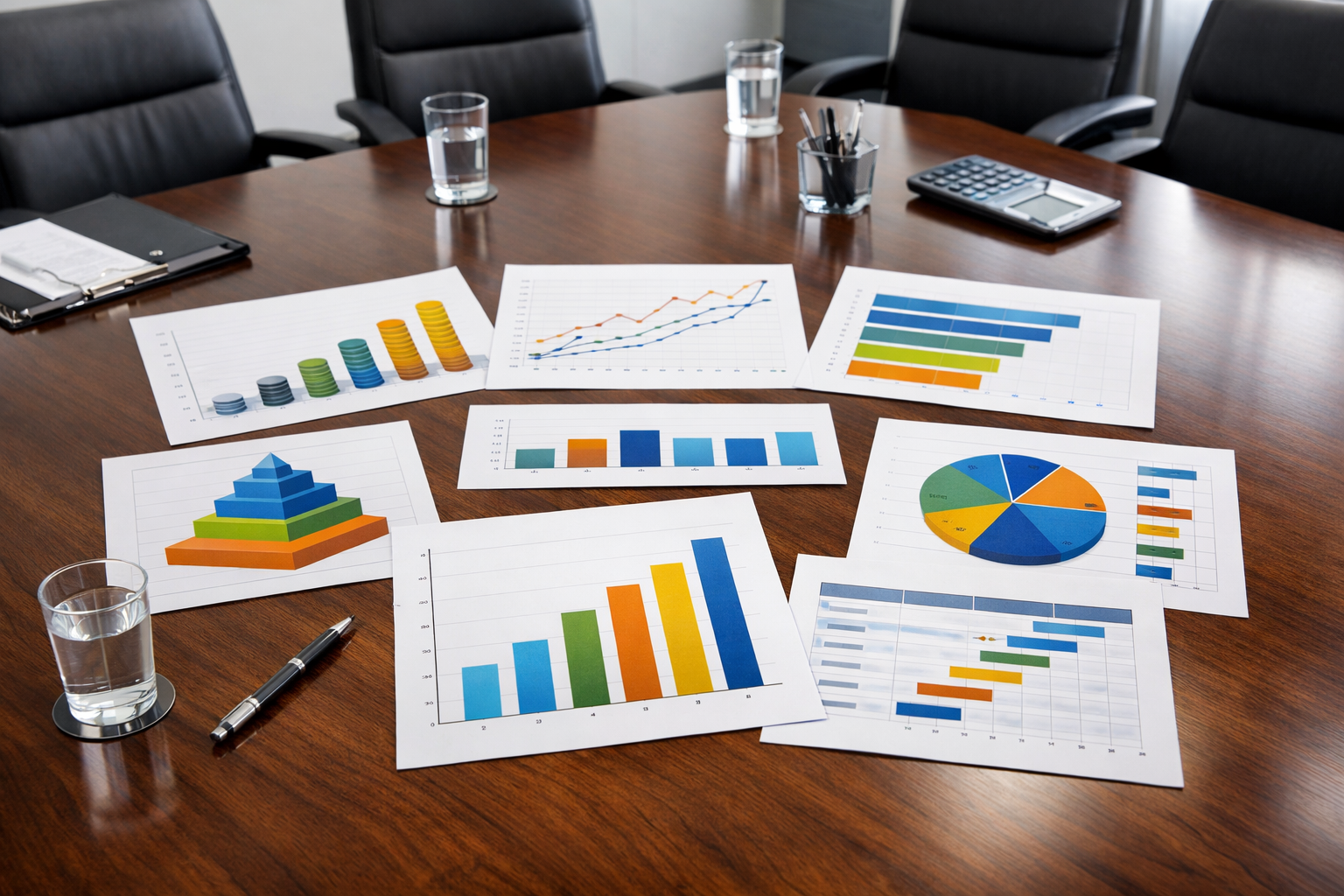 Boardroom table with CLV charts and papers for industries.