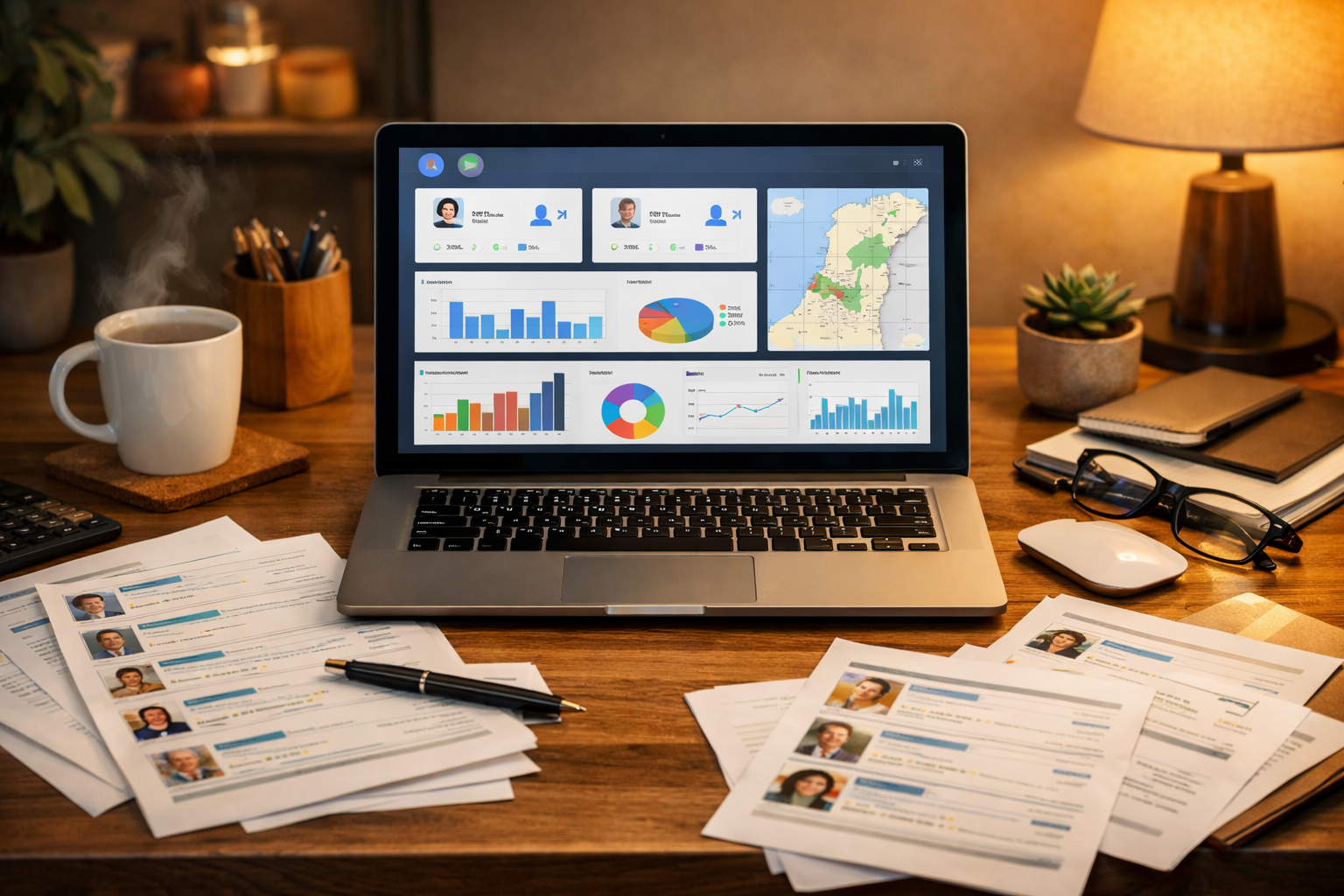 Laptop with stats from Israeli health directories in a warm-lit workspace.
