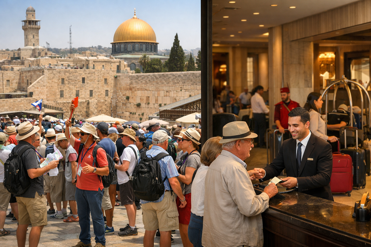 Tour guides with tourists near Jerusalem site, hotel concierge assisting guests.