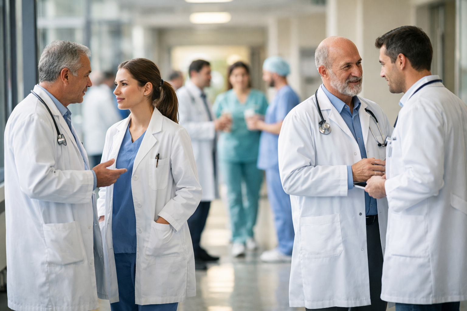 Doctors in a hospital corridor, symbolizing medical hub activity.