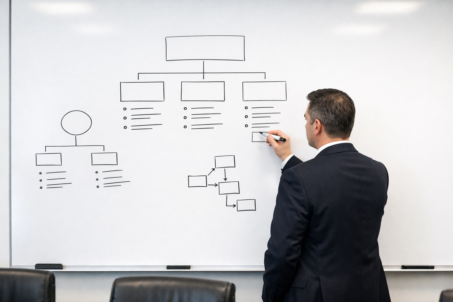 Lawyer writing content structure on whiteboard in conference room.