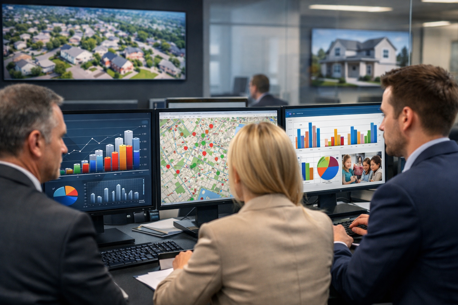 Agents analyzing market statistics and school info on screens.