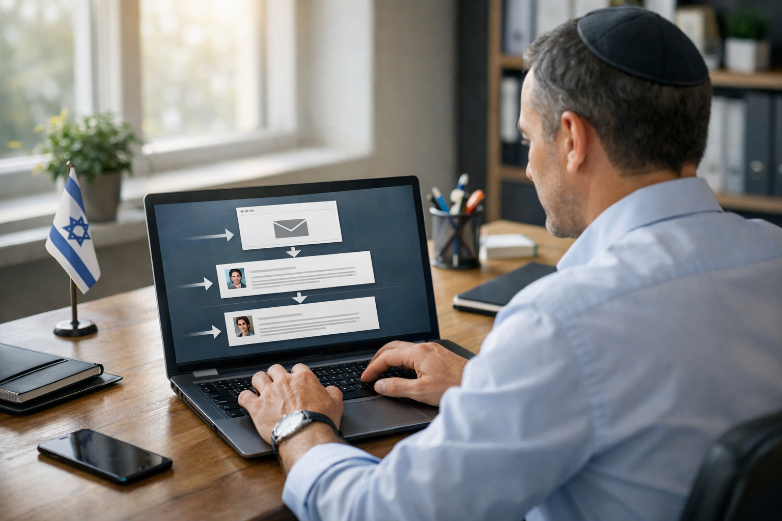 Business owner sending follow-up emails in a modern office.