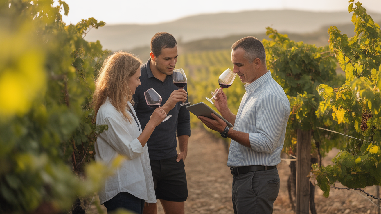 Winery owner updating Google profile near vineyards.