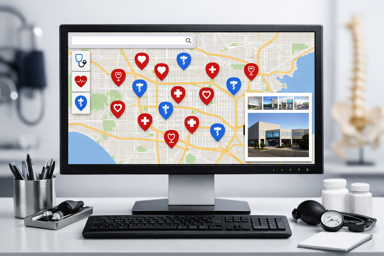 Computer screen showing Google Maps with medical practice categories.