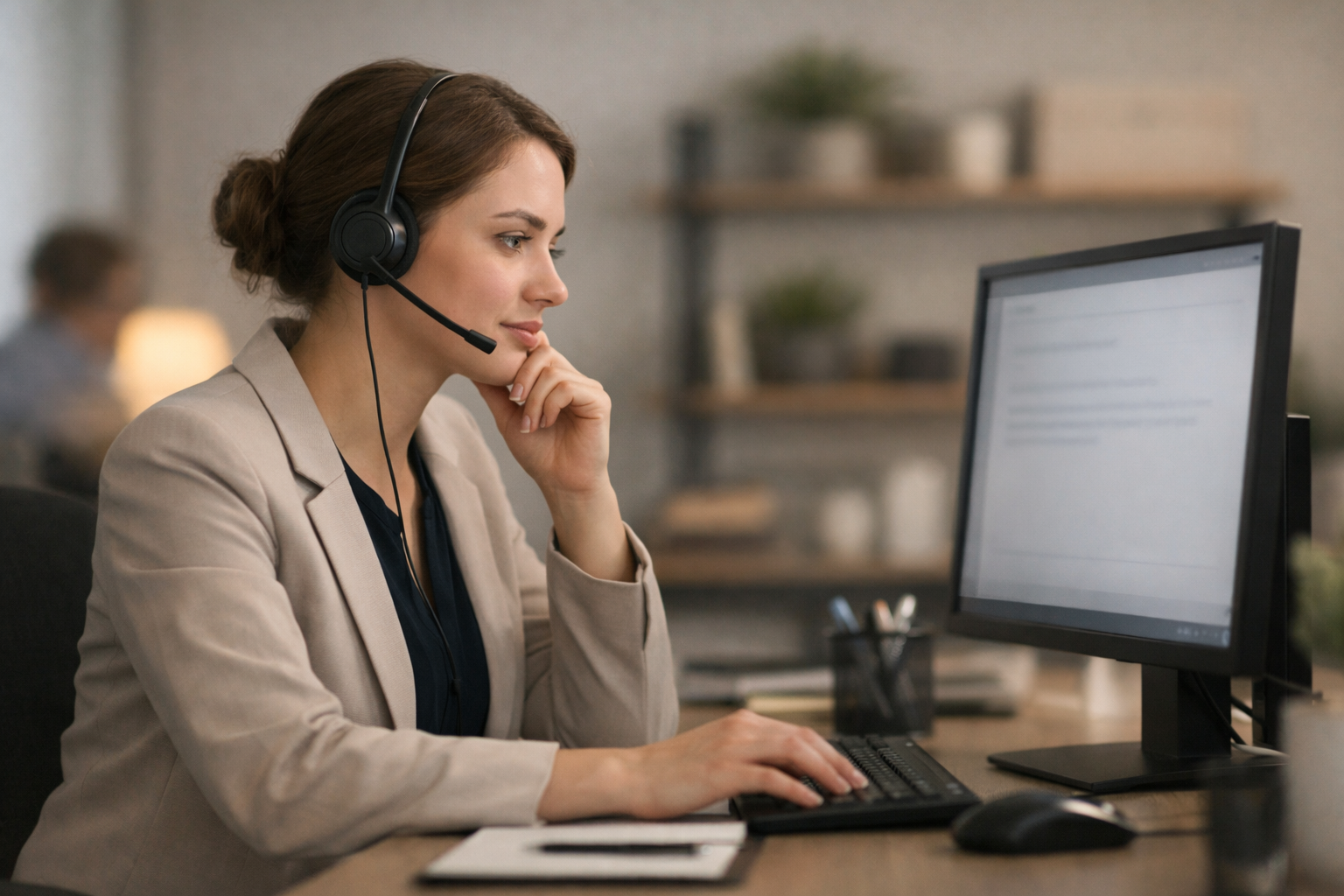 Customer service representative writing a response to a negative review.