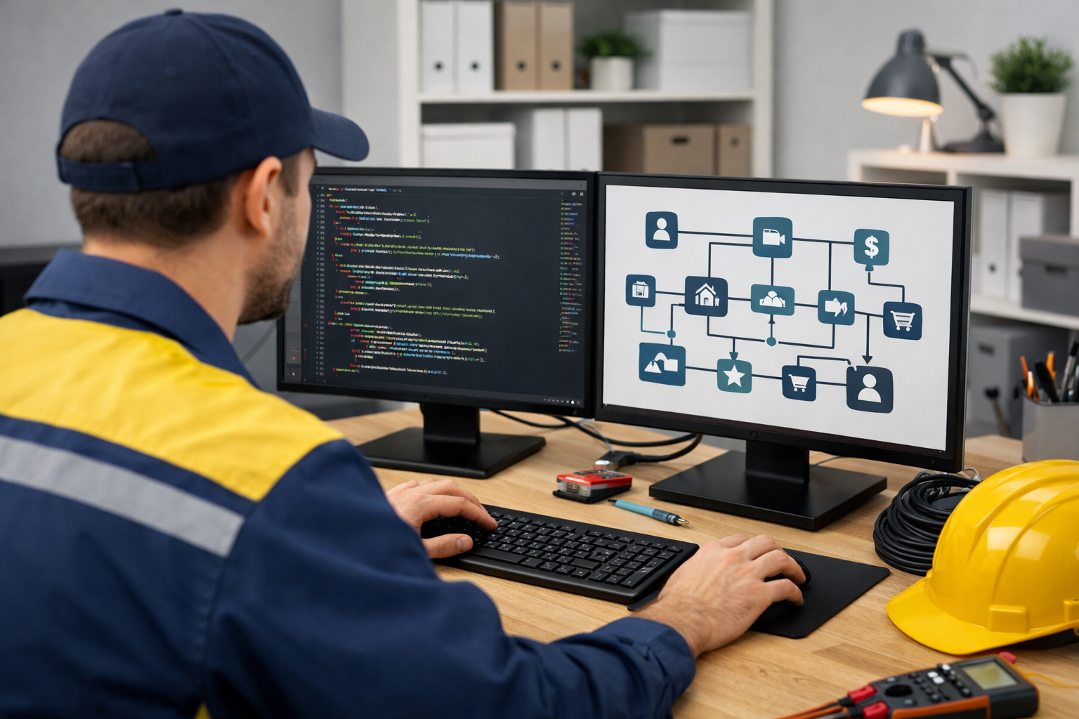 Electrician coding schema markup on computer in office.