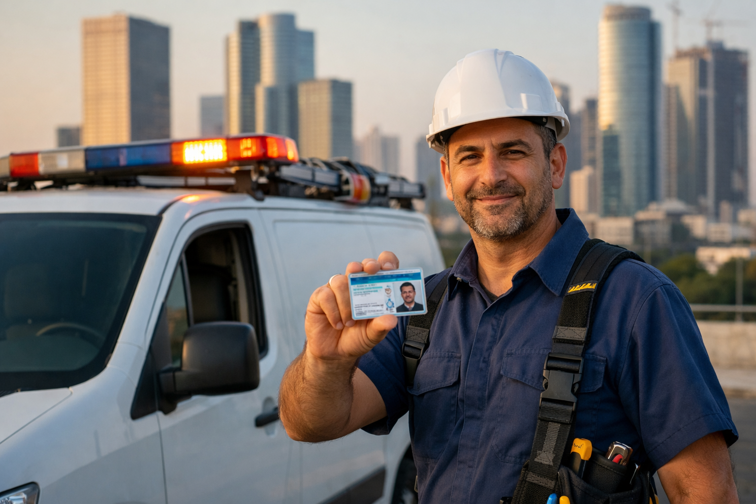 Electrician with license next to service van in cityscape.
