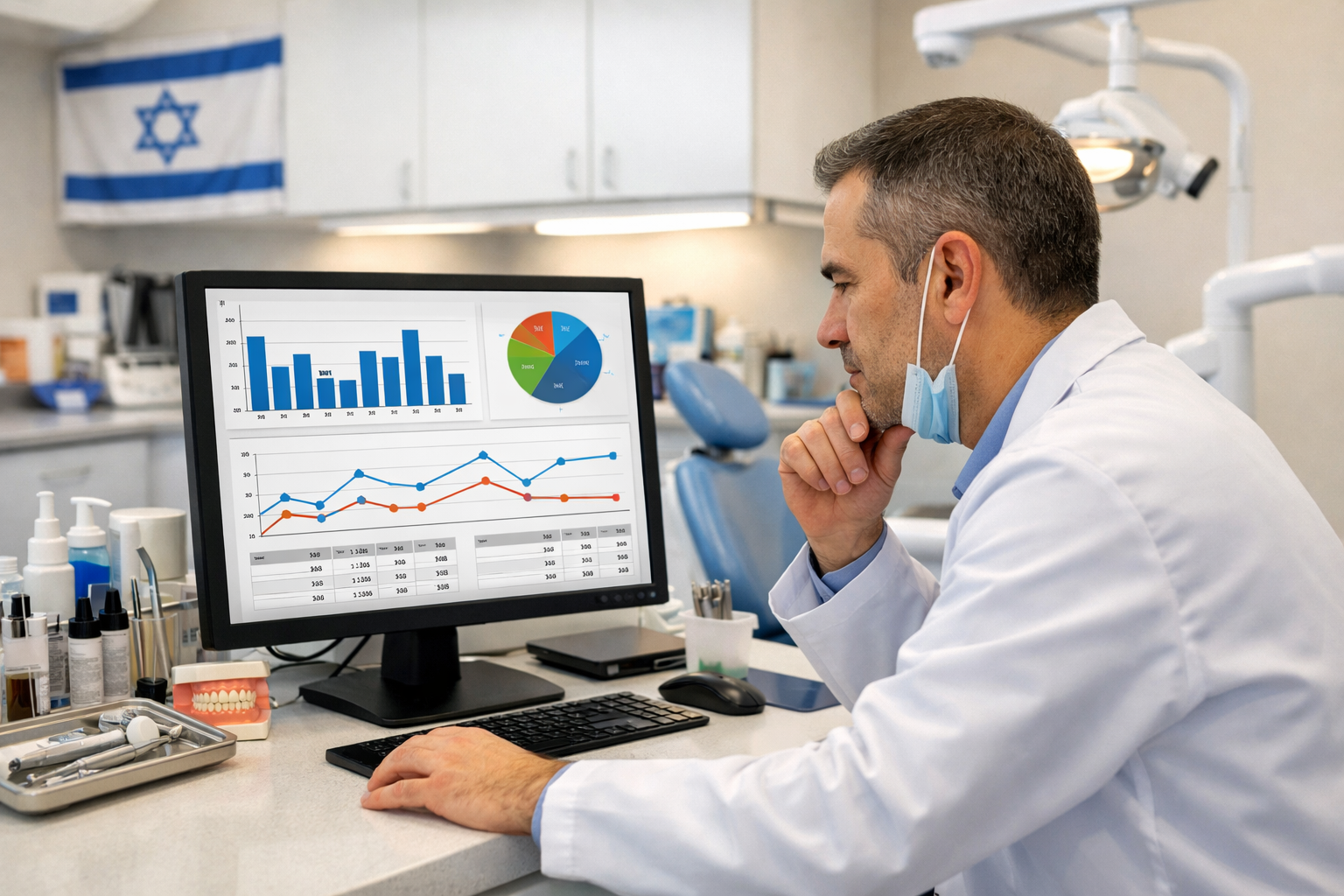 Dental office with emergency keyword research on screen.