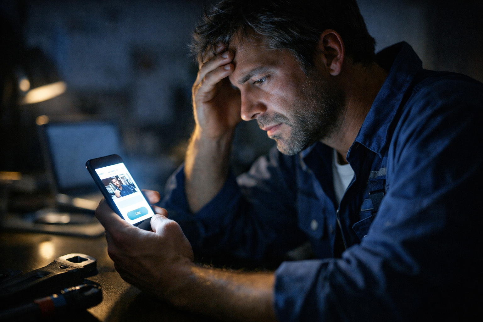 Plumber viewing 'plumber near me now' search on smartphone at night.