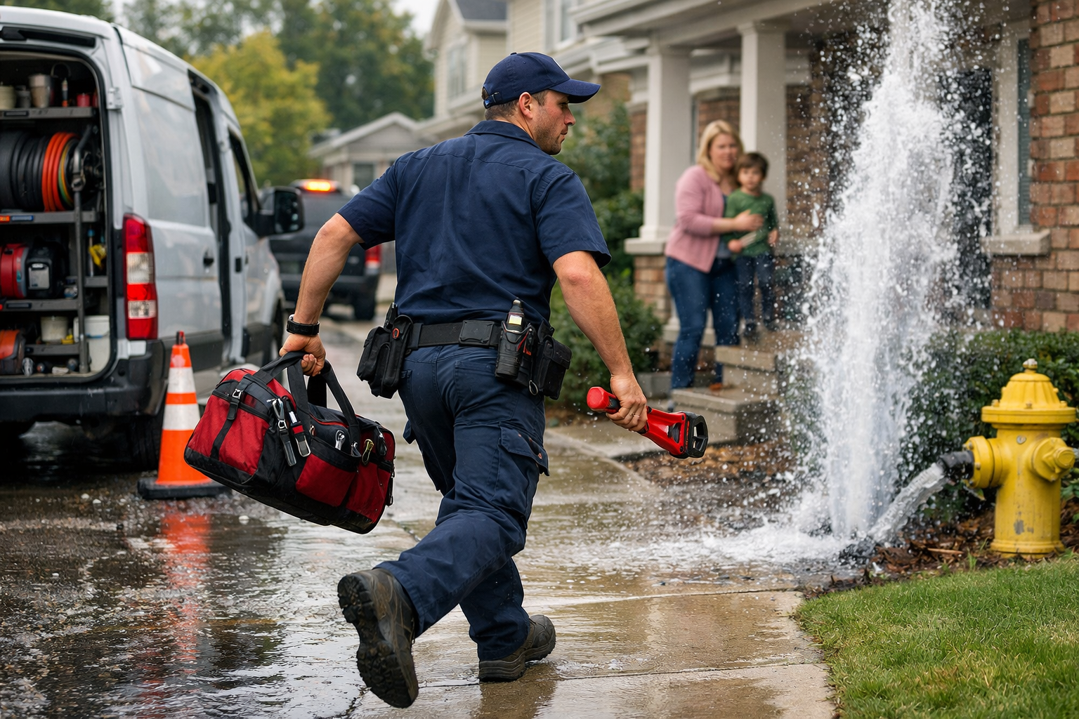 Plumber responding to emergency call in a neighborhood.