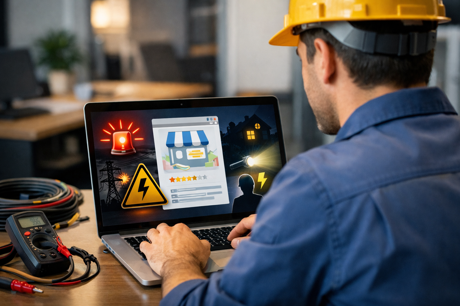 Electrician updating Google profile on laptop in office.
