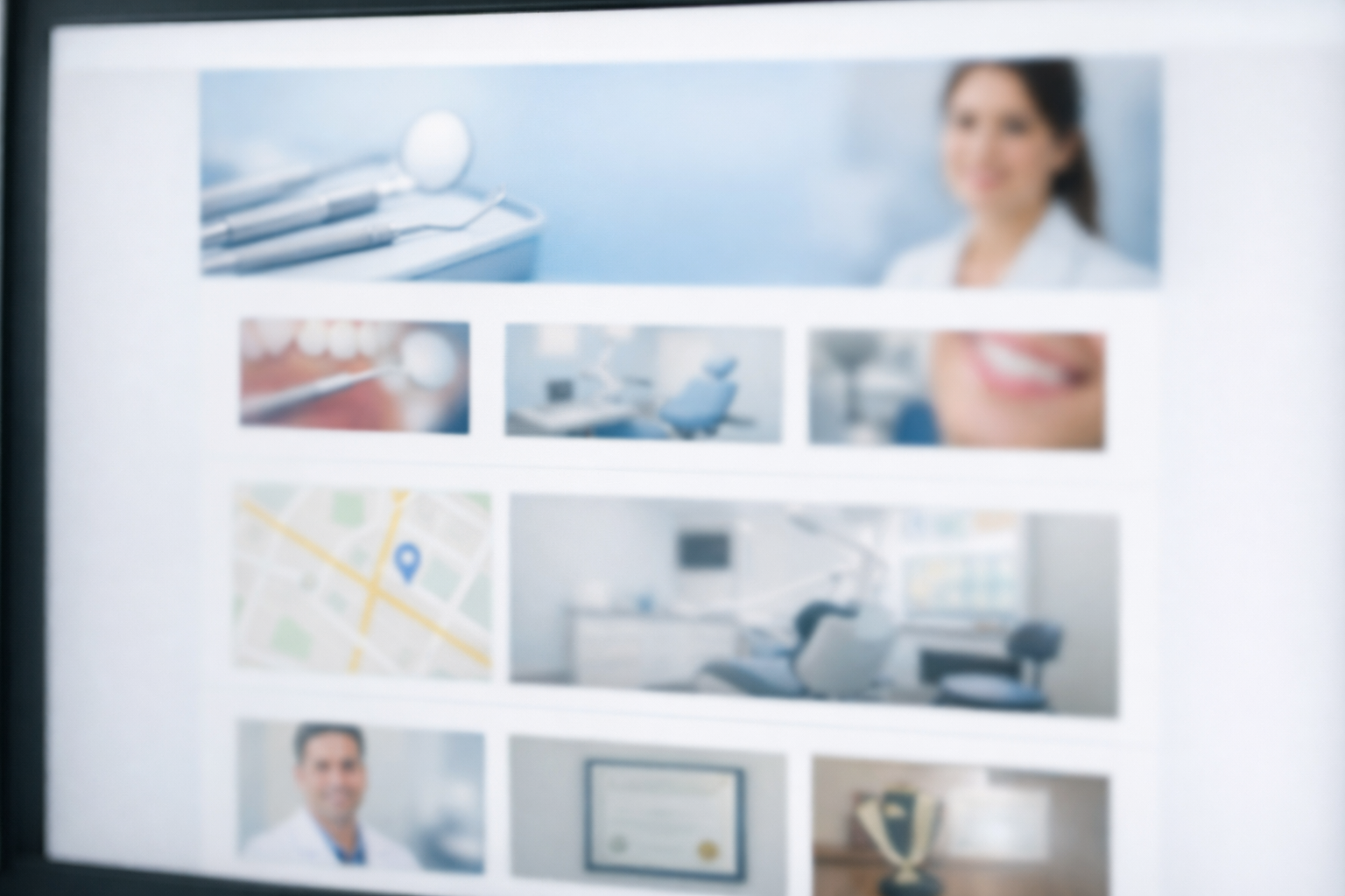 Page layout with dentist's services and location details on screen.