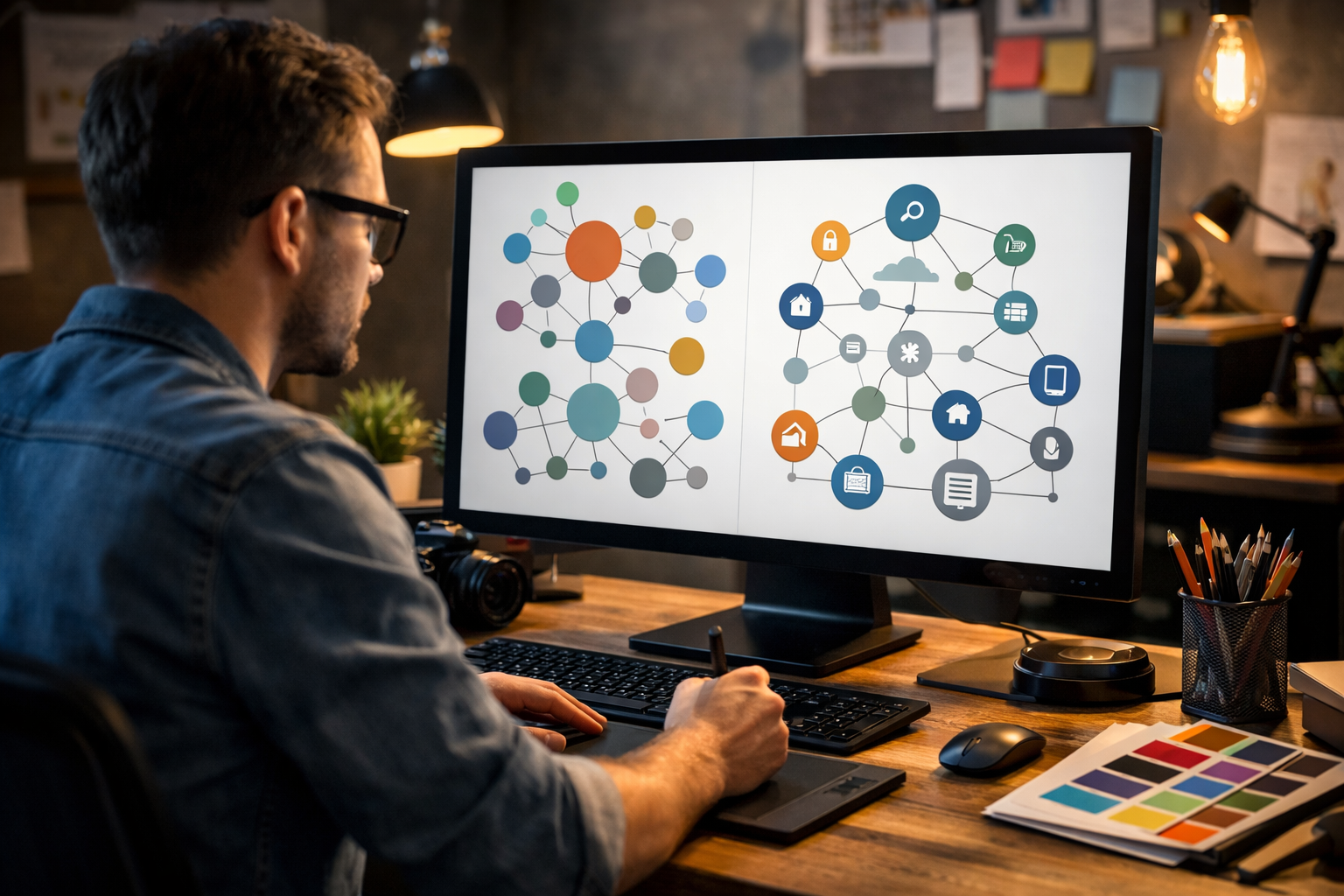 Designer developing entity-based SEO strategy on a computer.