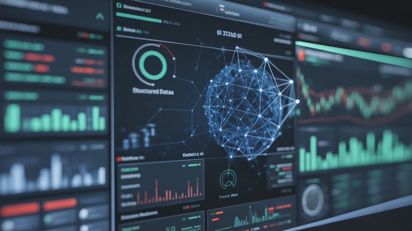 Digital display of interconnected data and business info.