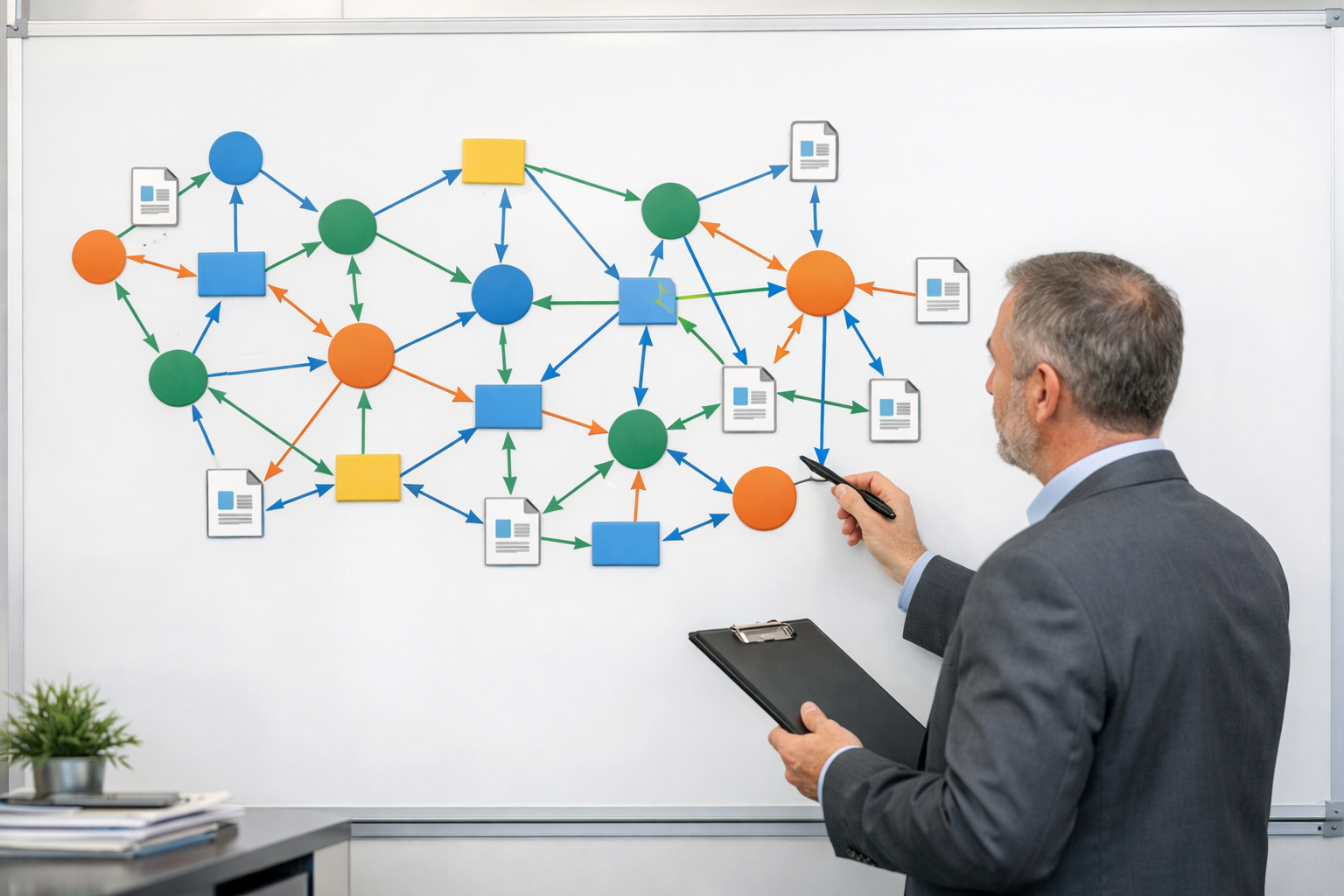 Auditor examining whiteboard with network diagram for AI entity consistency.