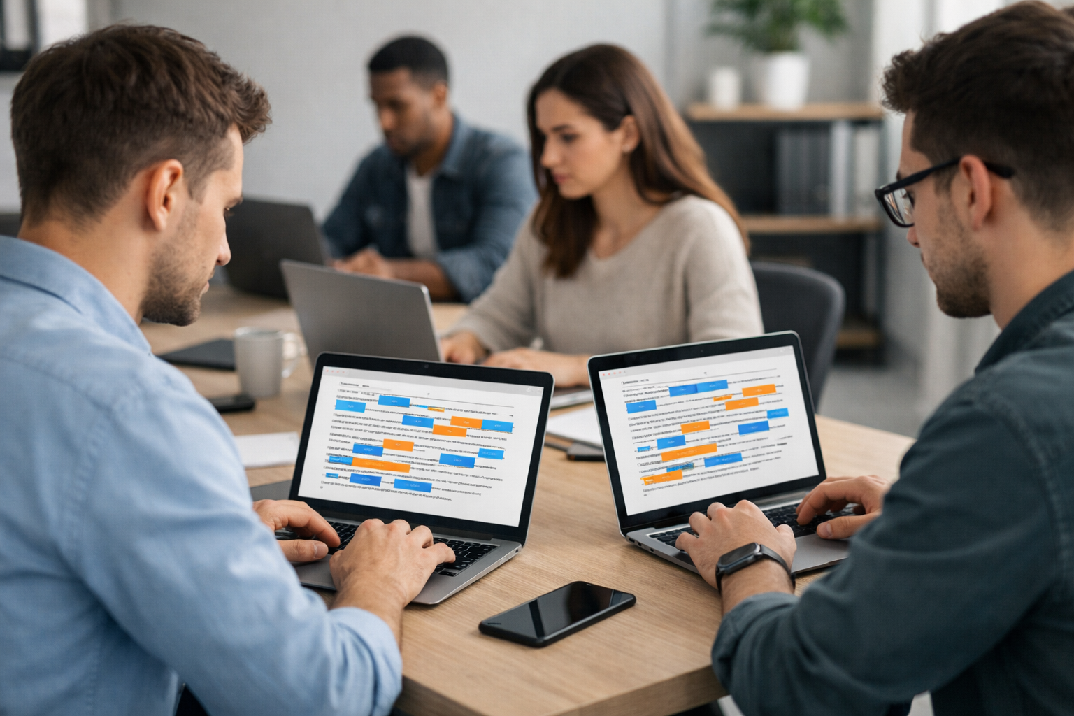Analysts extracting entities from content on laptops in an office.
