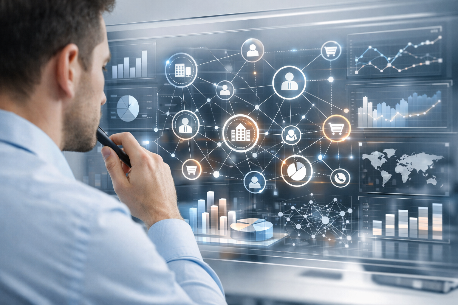 Business analyst examining interface with business attributes and relationships.