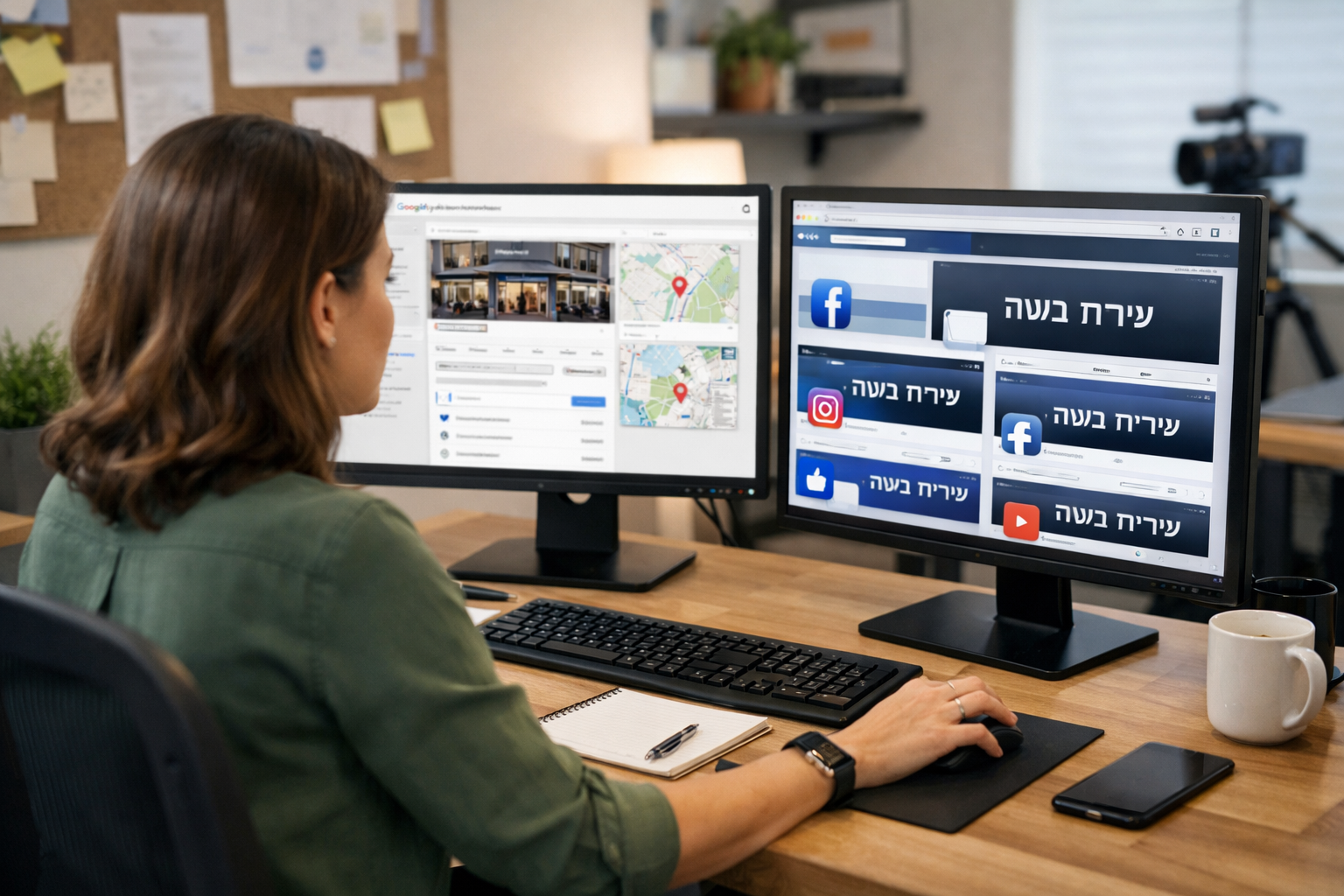 Marketing specialist ensuring Hebrew business name consistency online.