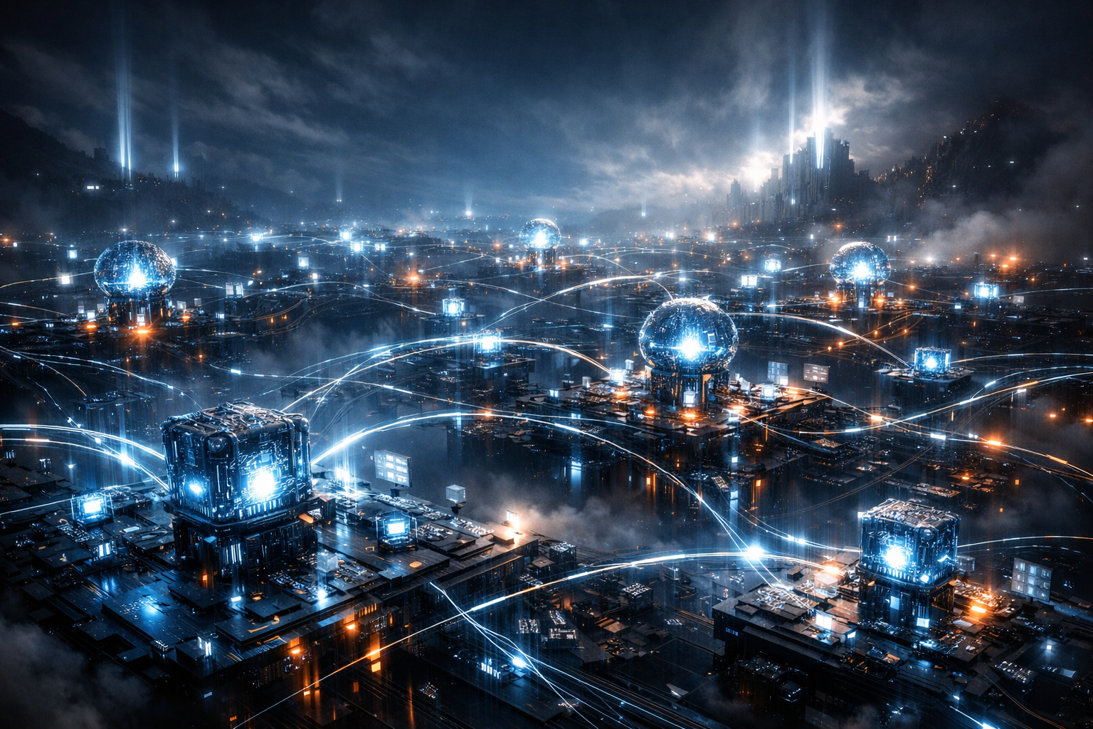 Digital landscape with AI nodes, rim lighting, volumetric fog in 8k resolution.