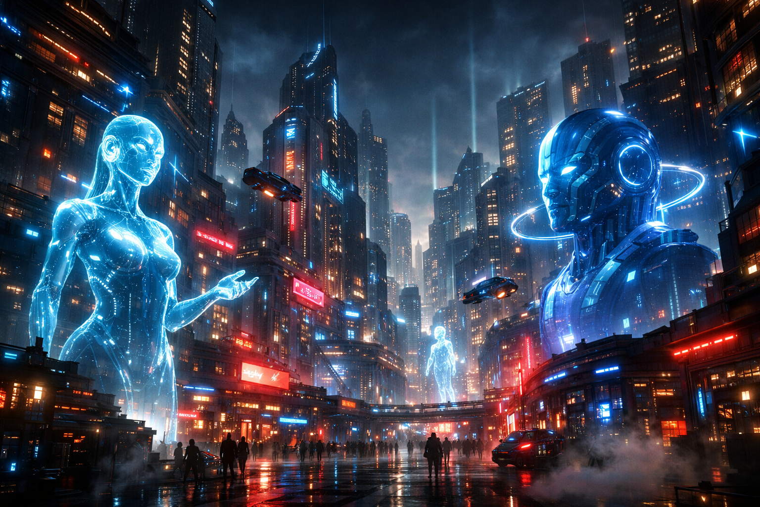 Futuristic city with glowing business signs and neon lights at night.