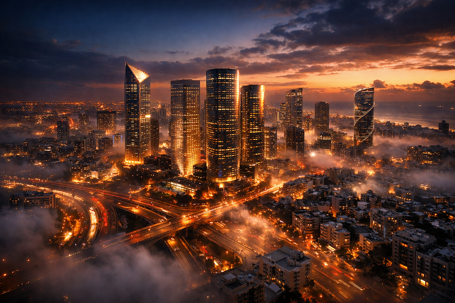 Tel Aviv cityscape at dusk with glowing skyscrapers and volumetric fog.