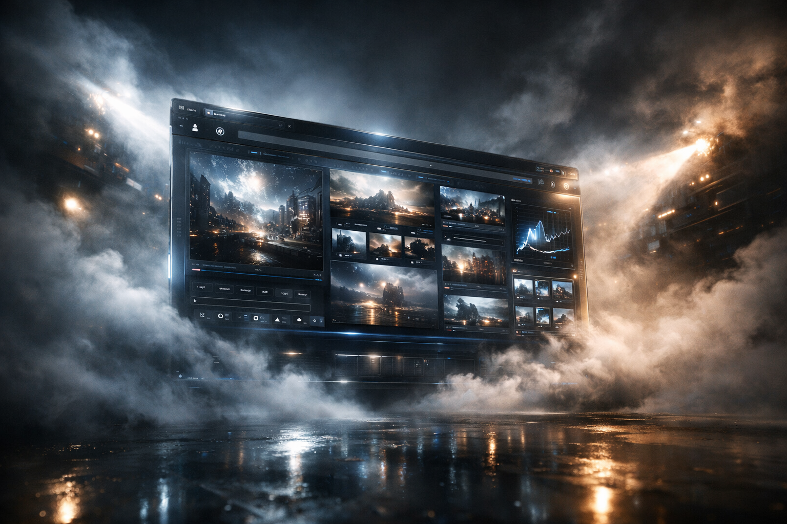 Futuristic browser interface in fog with dramatic lighting, 8k detail.