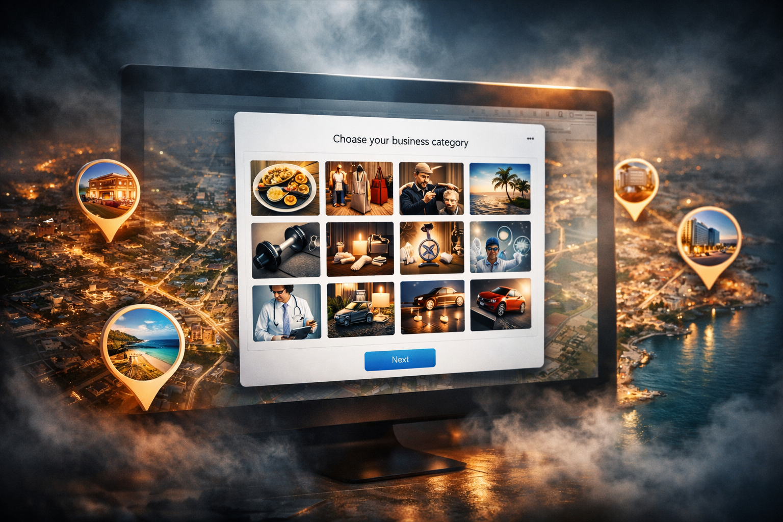 Digital screen showing Google Business Profile categories and map highlights.