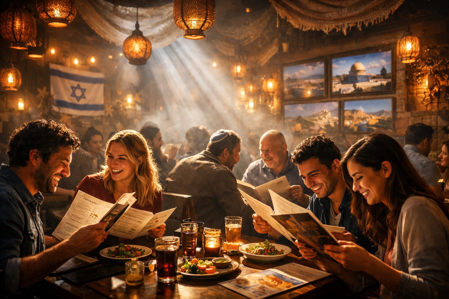 Israeli restaurant with engaged diners and strategic menu photos in cinematic style.