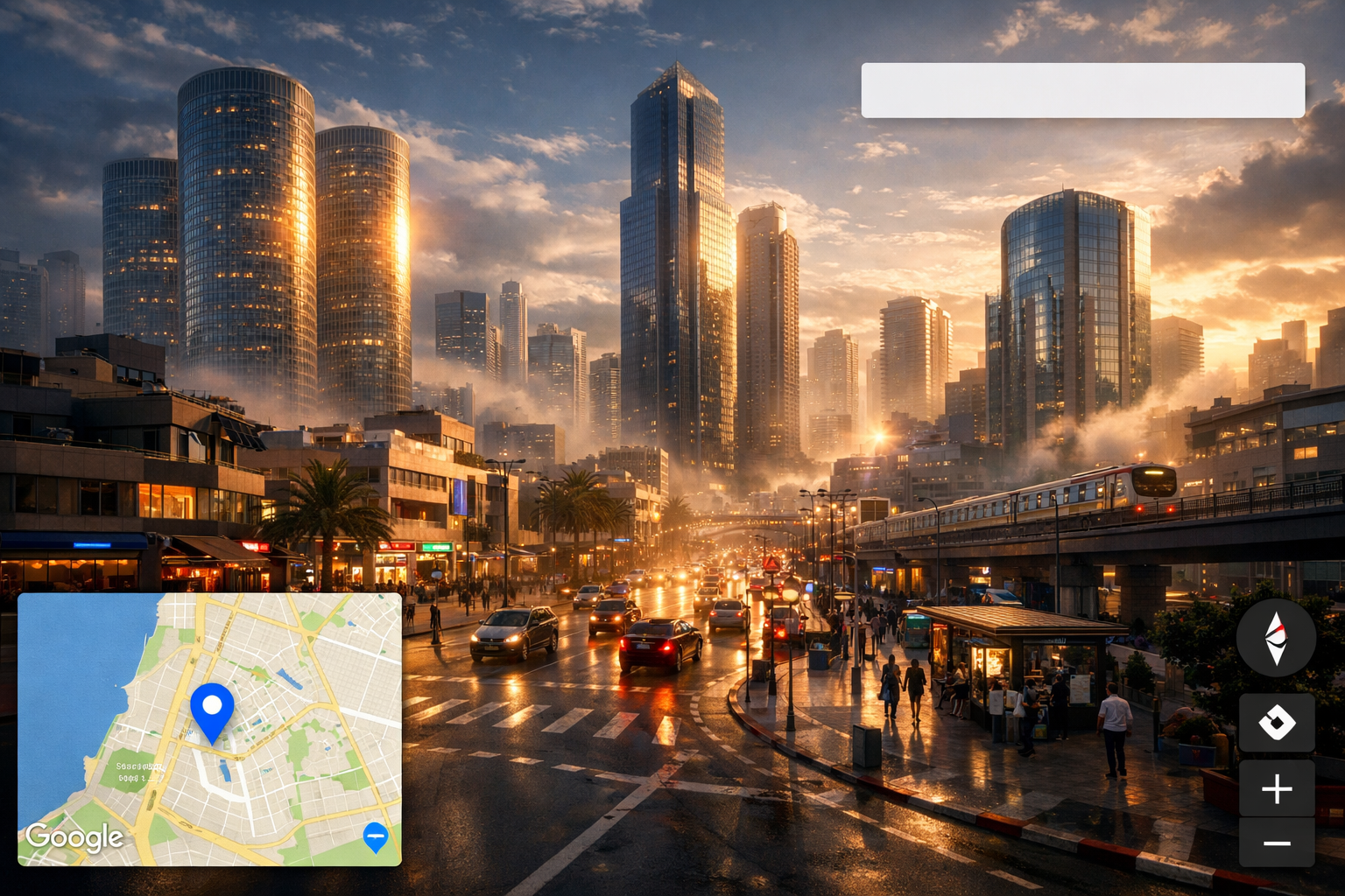Israeli business district with bilingual signs and Google Map overlay, 8k detail.