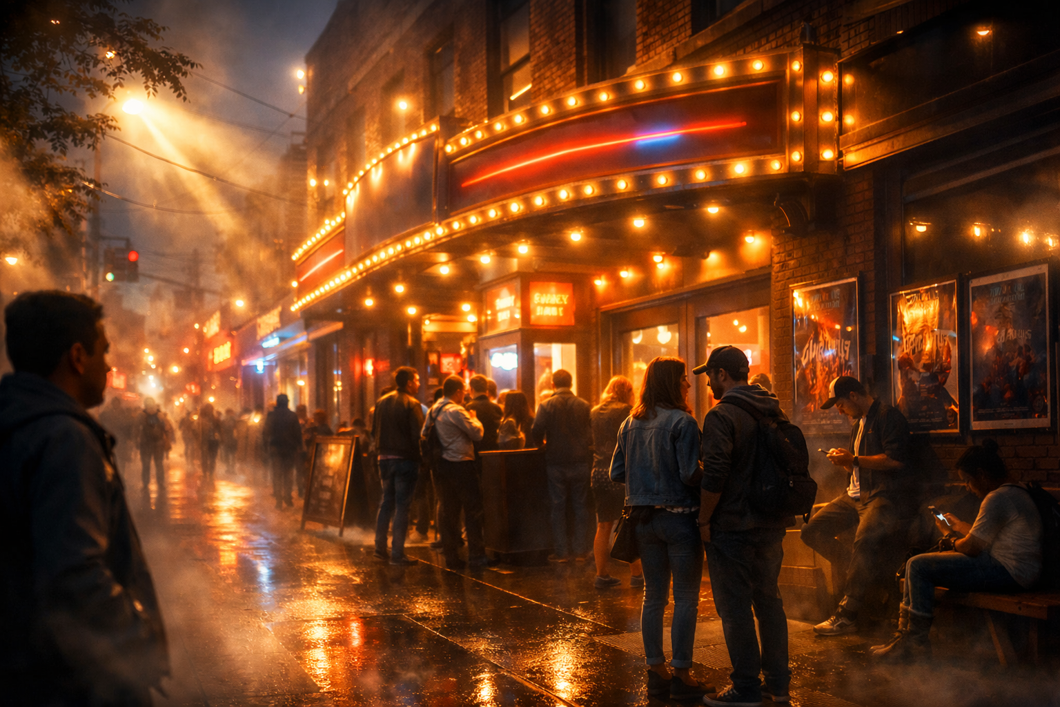 City street with vibrant business signage and people, dramatic cinematic lighting.