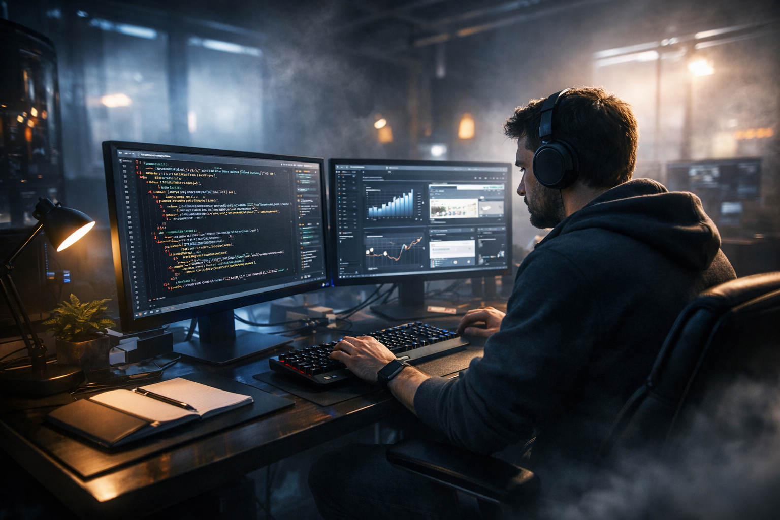 Developer working in an office on Hebrew SEO code, high-tech environment.