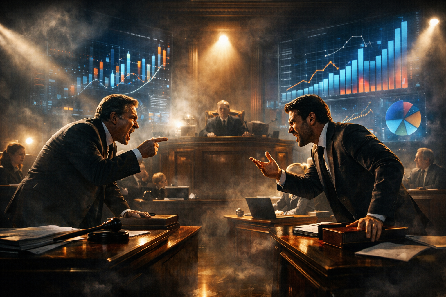 Lawyers in a dramatic courtroom with digital charts backdrop.