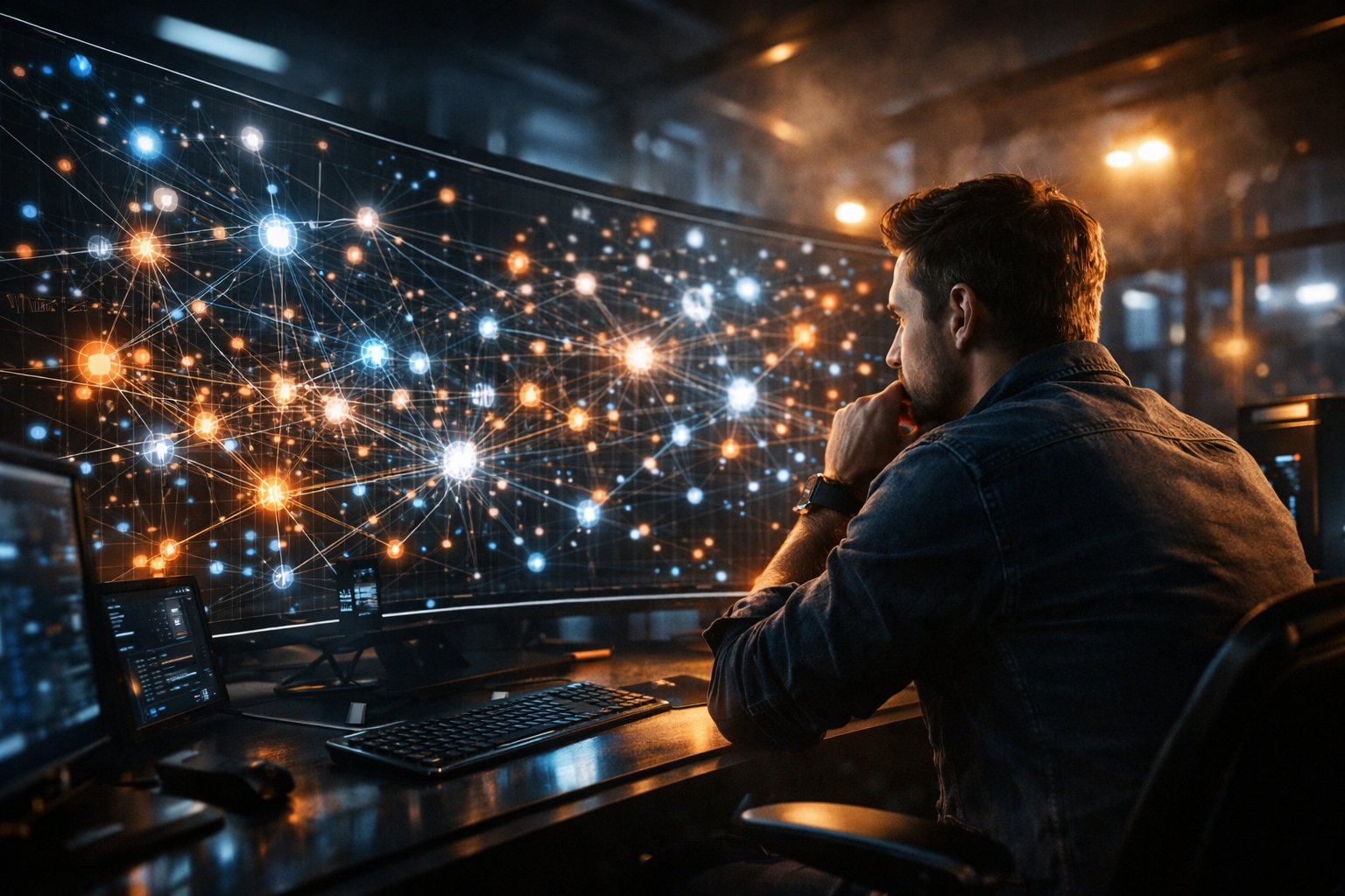 Strategist analyzing semantic networks on a screen with interconnected nodes.