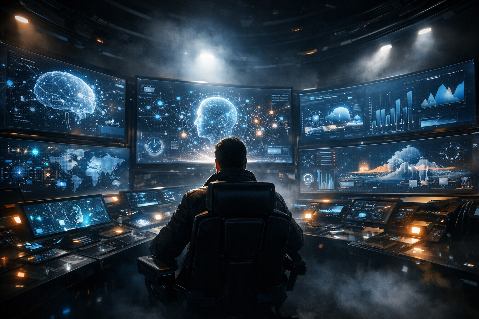 Person in a control room with AI diagrams on screens, dramatic lighting.