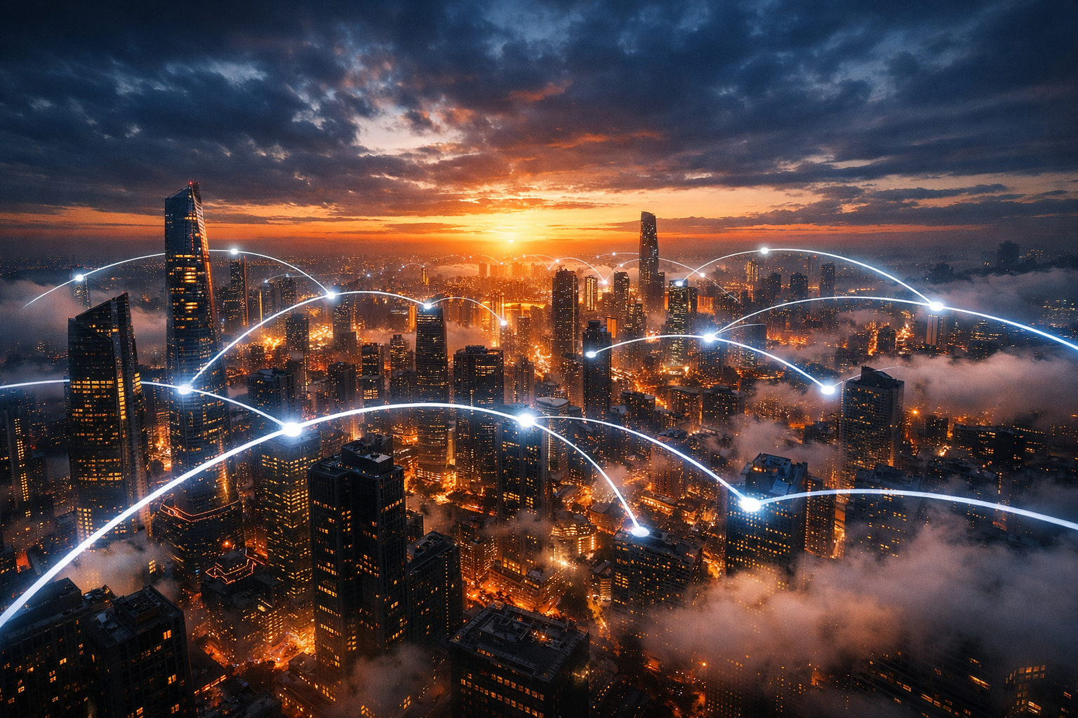Cityscape with glowing network lines connecting buildings at dusk.