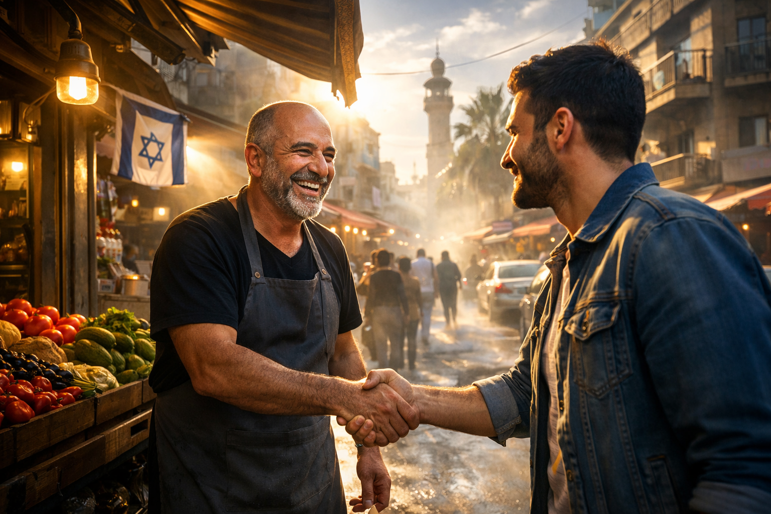 Business owner in Israel interacting with customer on a bustling street.