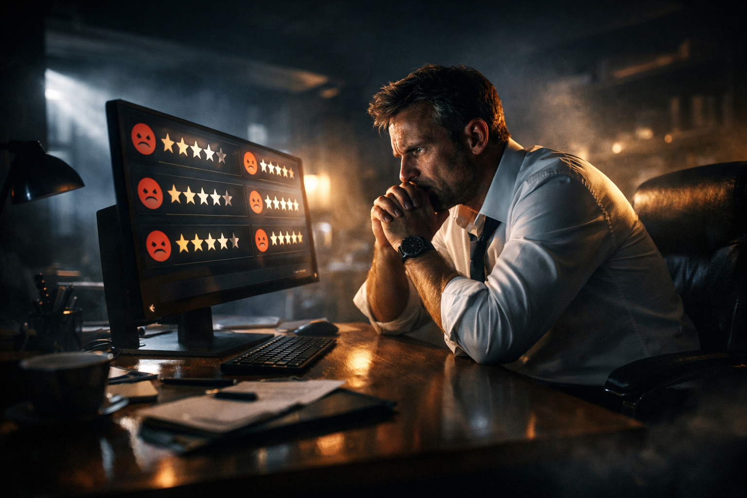 Business owner reading negative reviews on a computer in a dimly lit room.