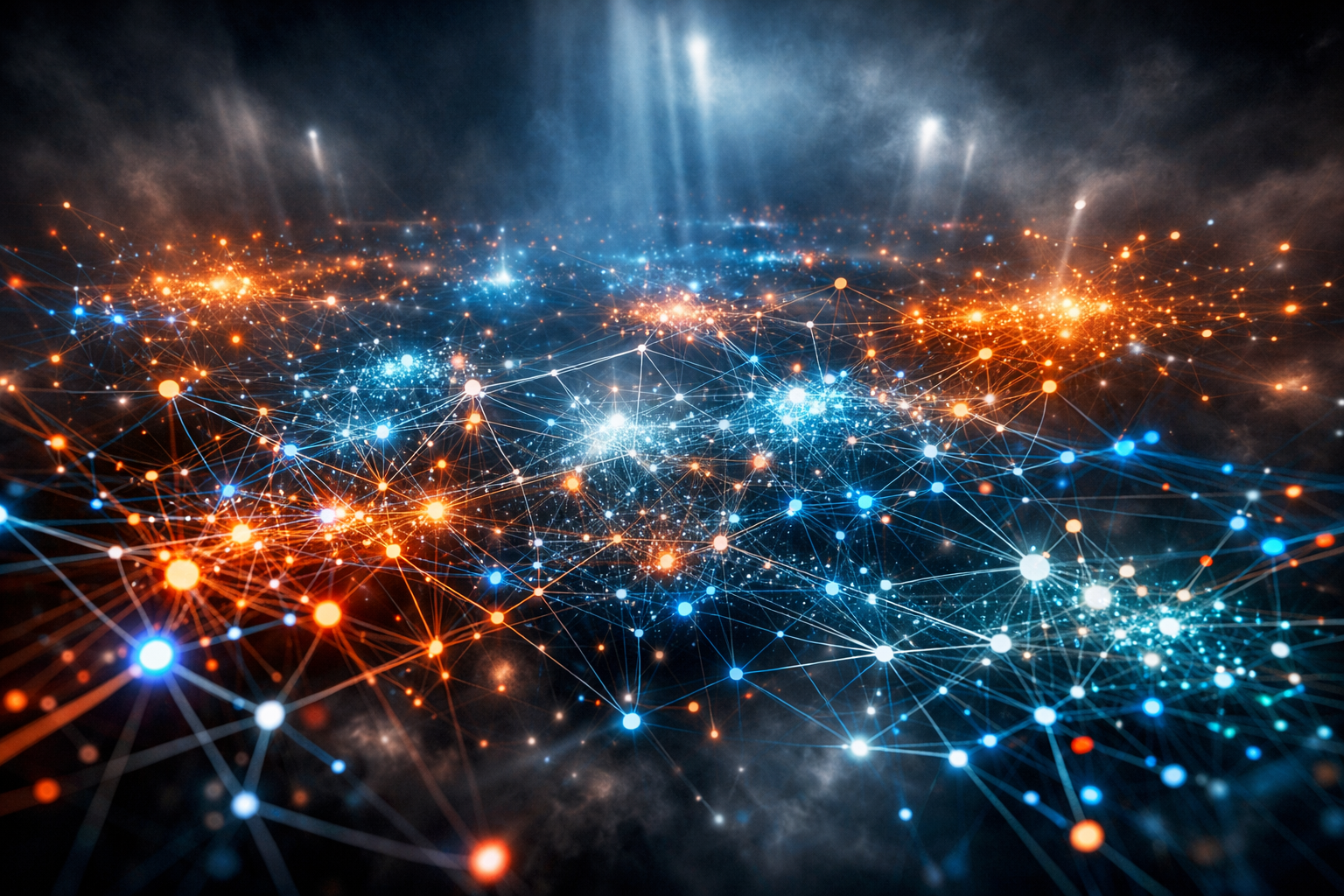 A digital network map with glowing nodes and lines in dramatic lighting.