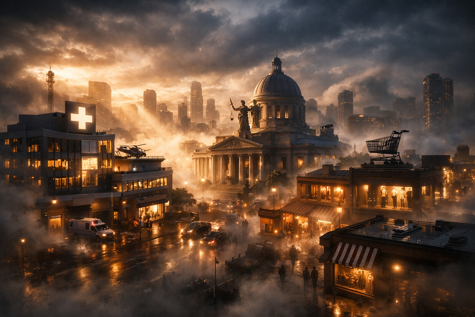 Cityscape with industry signs under dramatic lighting, representing local SEO themes.