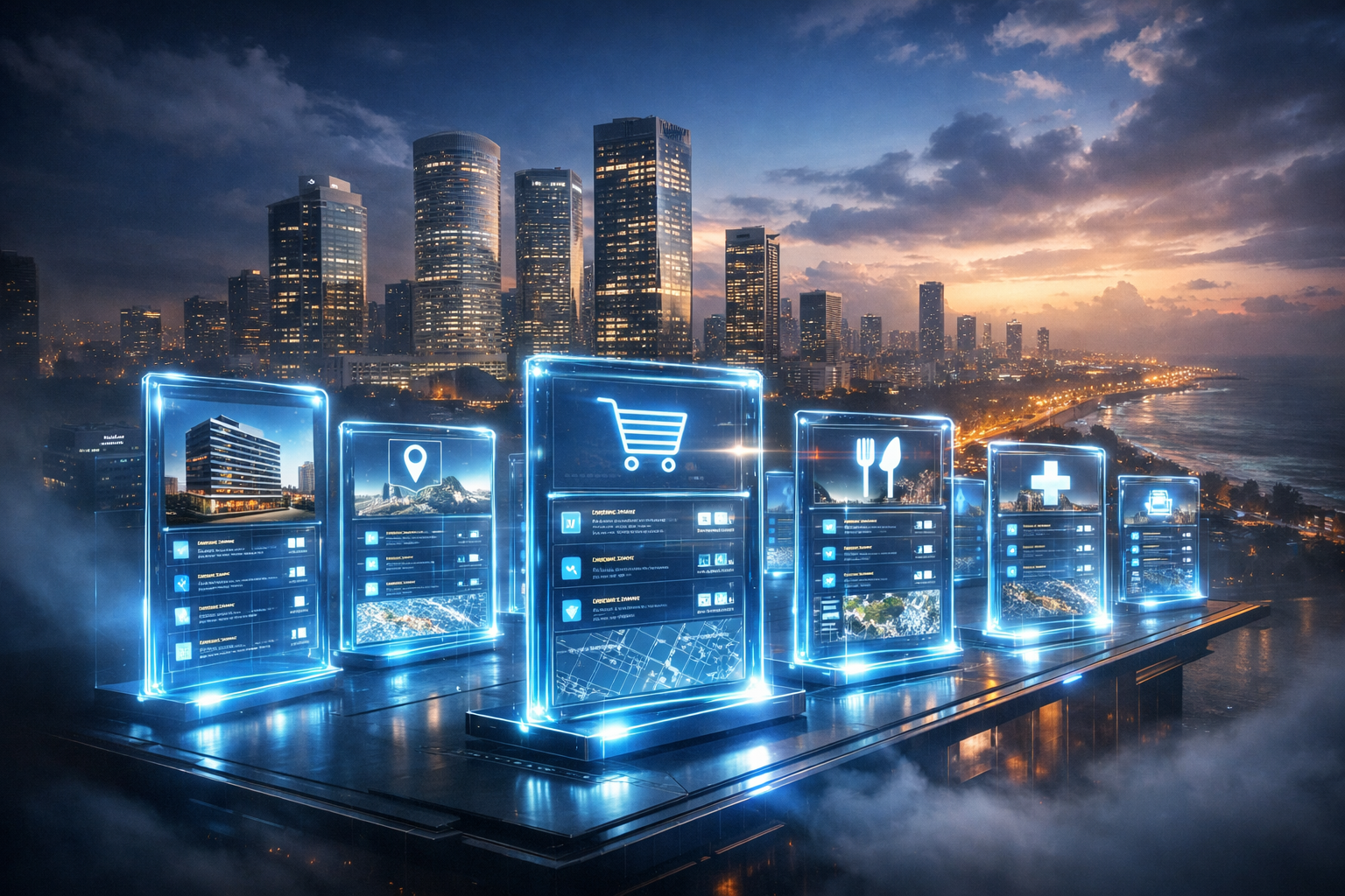 Digital business directories on holographic interface with Tel Aviv skyline.