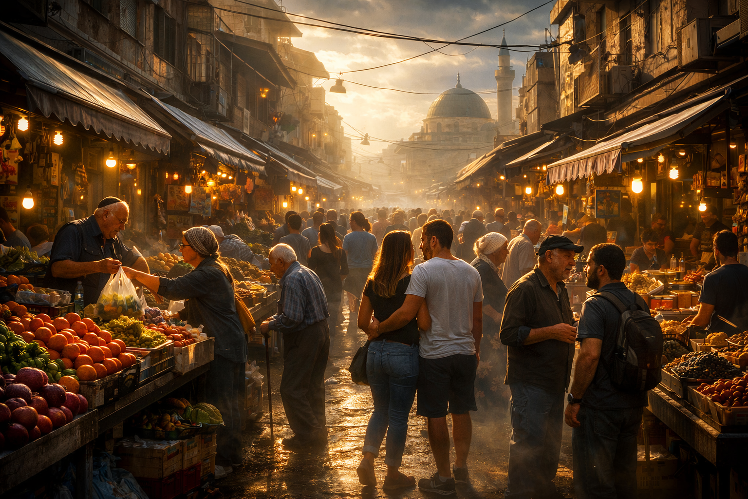 Bustling Israeli street with Hebrew signs and market activity.