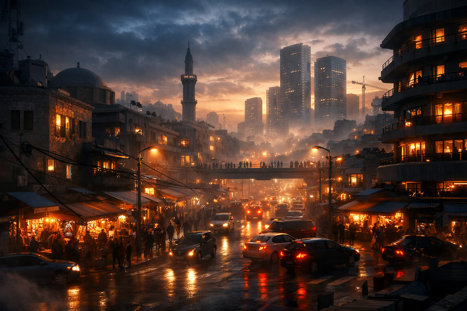 Israeli cityscape with Hebrew and English signs under dramatic lighting.