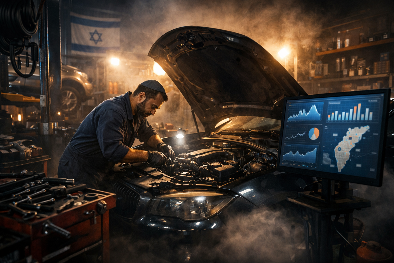 Mechanic working on car engine in Israeli auto repair shop with SEO data screen.