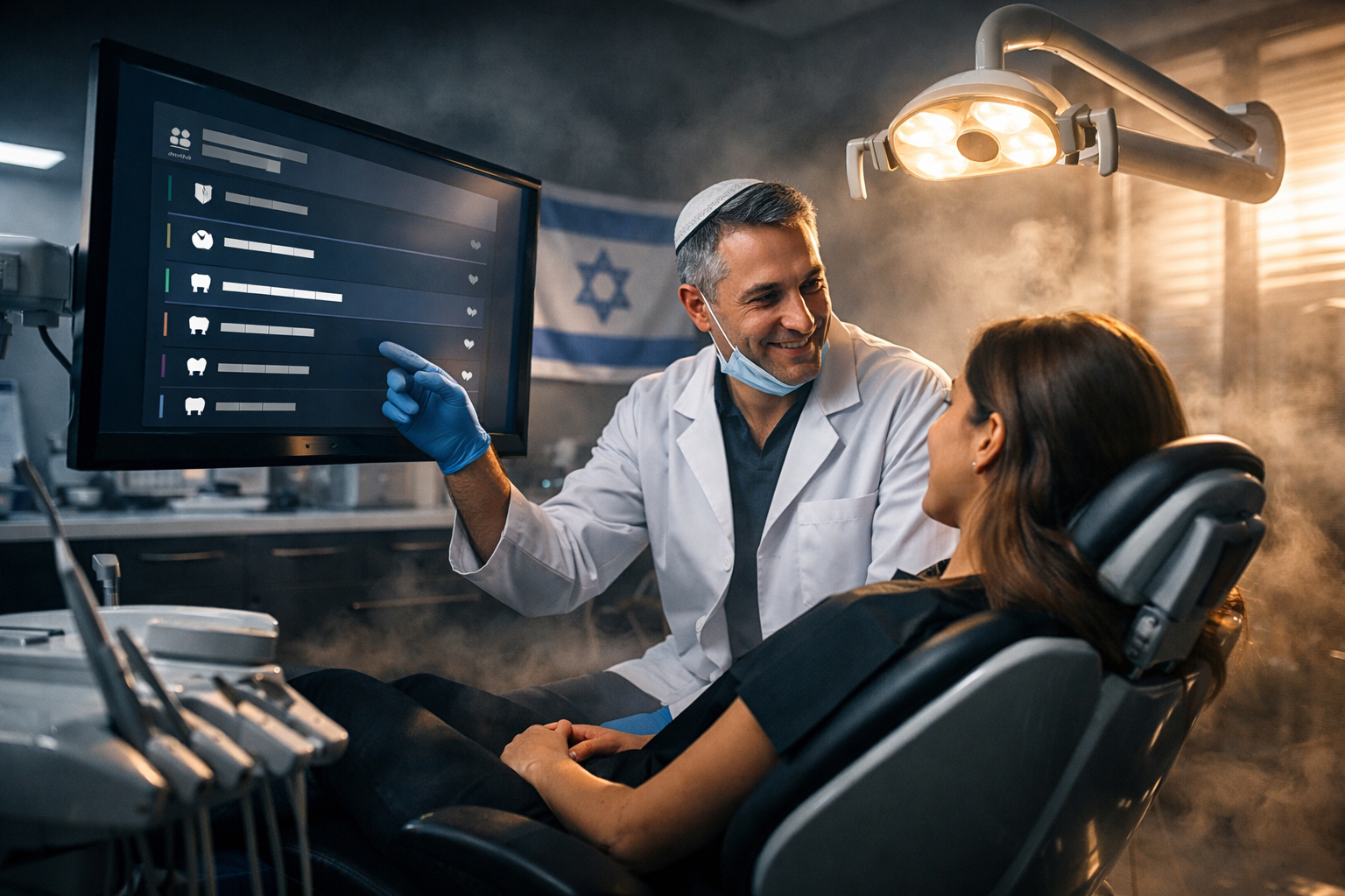Dentist in Israeli clinic with Google Business Profile on screen.