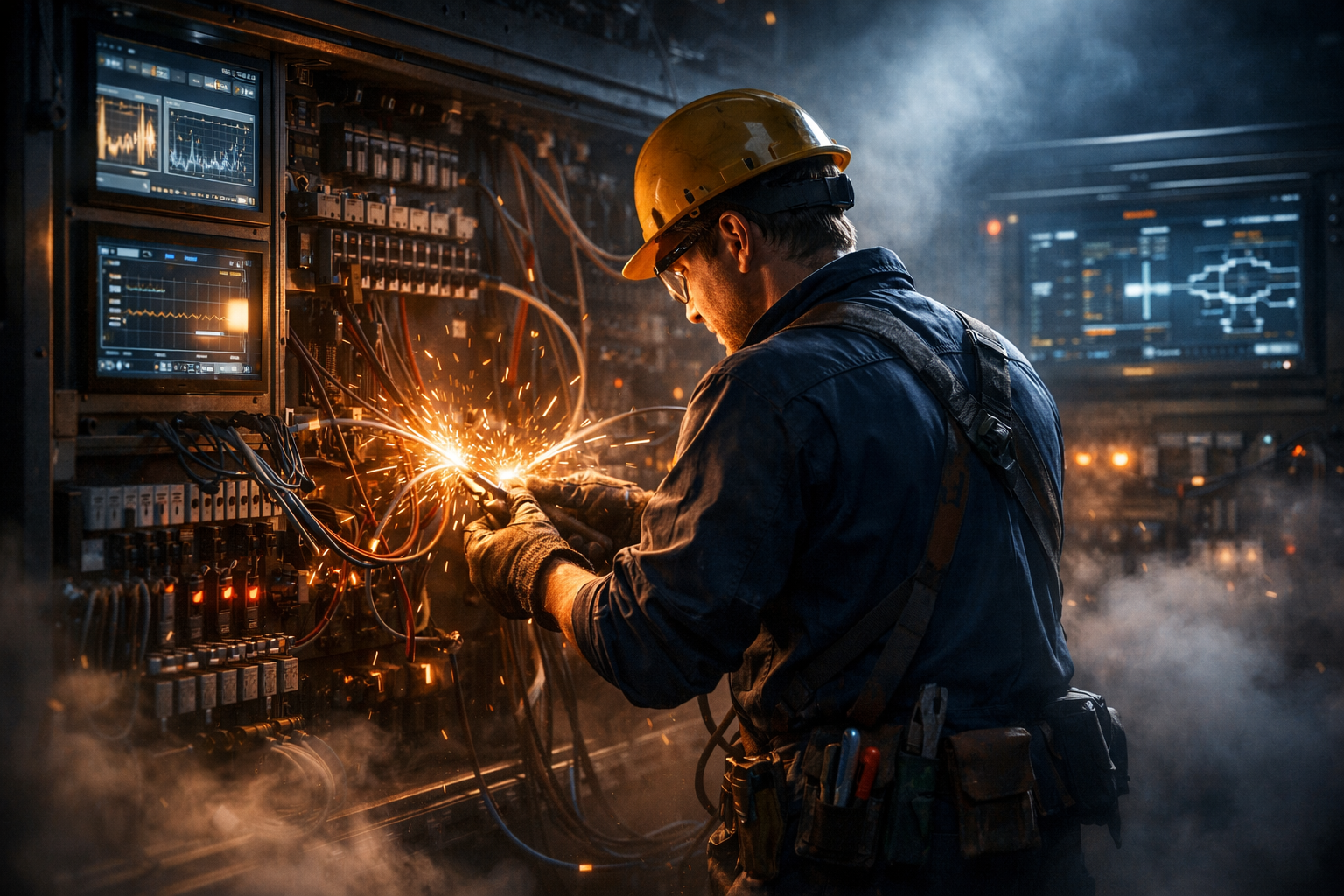 Electrician at a control panel with dramatic lighting and fog.