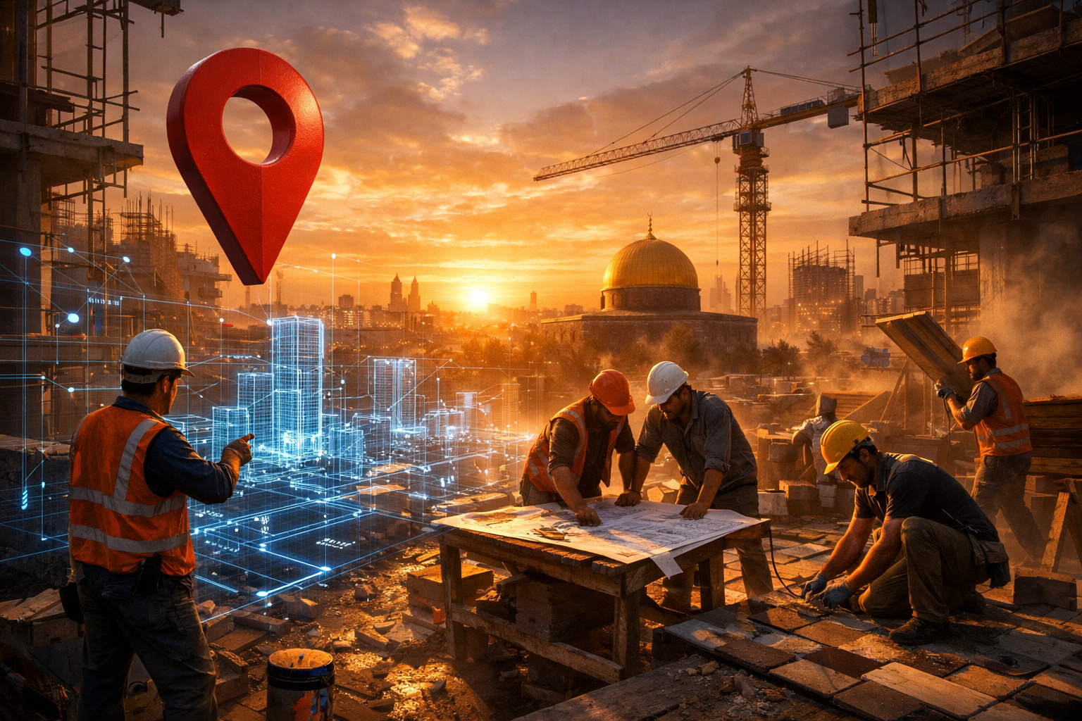 Israeli construction site at sunset with digital overlays and Google Maps pin.