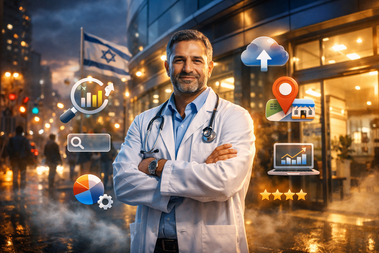 Israeli doctor outside a clinic with digital SEO icons, cinematic lighting.