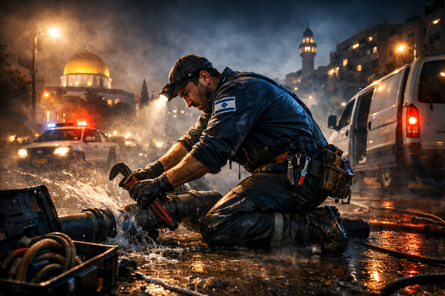 Plumber working at night in an Israeli city with dramatic lighting and fog.