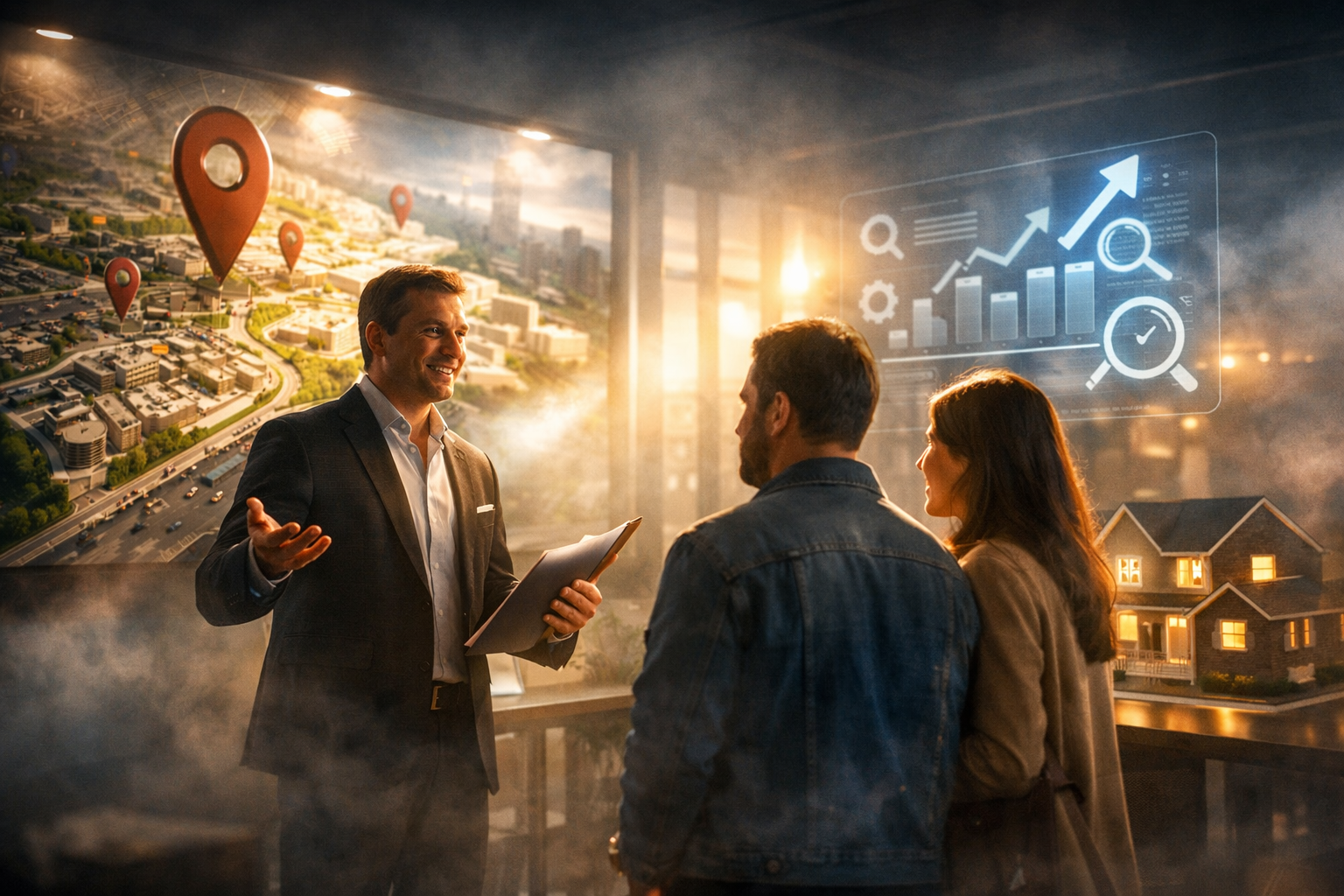 Real estate agent with Google Maps background, cinematic and detailed.